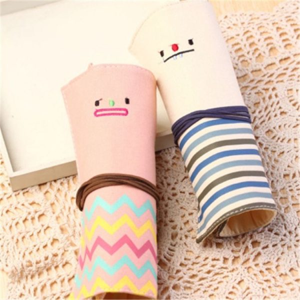 Canvas Roll Smile Face Make Up Bag Pencil Pen Brush Cases Pouch Purse Bags Stationery (Beige) - Image 7