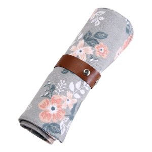 Cute Canvas Flower Animals Roll Pencil Bag Stationery Storage Organizer Bag School Office Supply (Gray Flowers)
