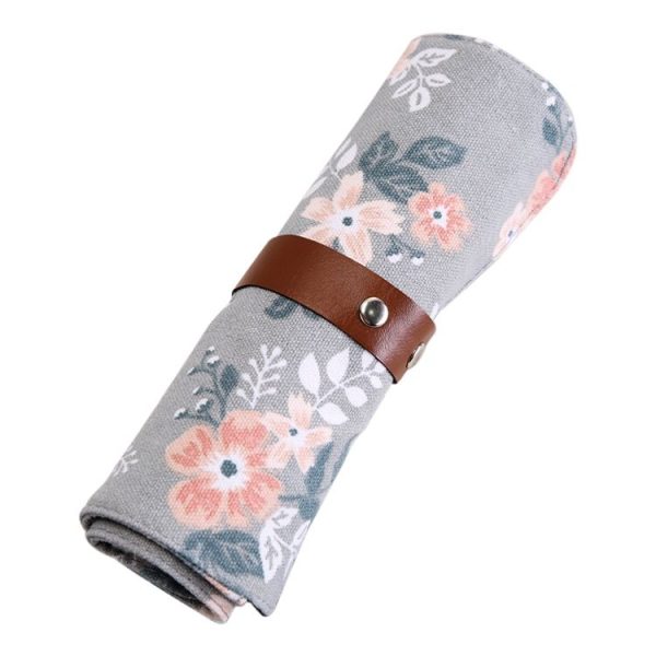 Cute Canvas Flower Animals Roll Pencil Bag Stationery Storage Organizer Bag School Office Supply (Gray Flowers)