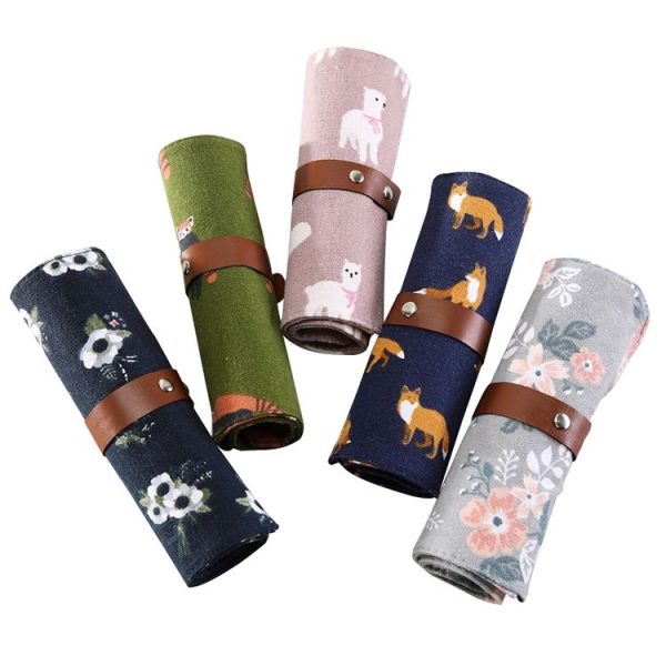 Cute Canvas Flower Animals Roll Pencil Bag Stationery Storage Organizer Bag School Office Supply (Gray Flowers) - Image 2