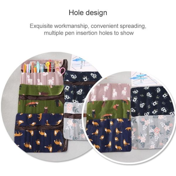 Cute Canvas Flower Animals Roll Pencil Bag Stationery Storage Organizer Bag School Office Supply (Gray Flowers) - Image 4