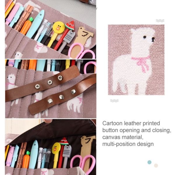 Cute Canvas Flower Animals Roll Pencil Bag Stationery Storage Organizer Bag School Office Supply (Gray Flowers) - Image 5