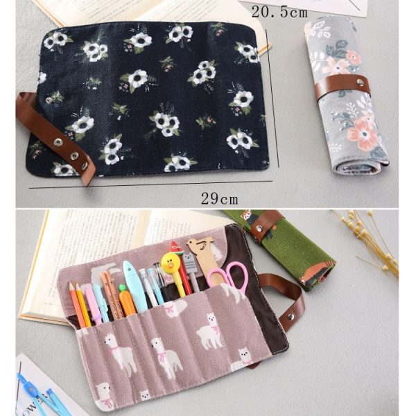 Cute Canvas Flower Animals Roll Pencil Bag Stationery Storage Organizer Bag School Office Supply (Gray Flowers) - Image 7