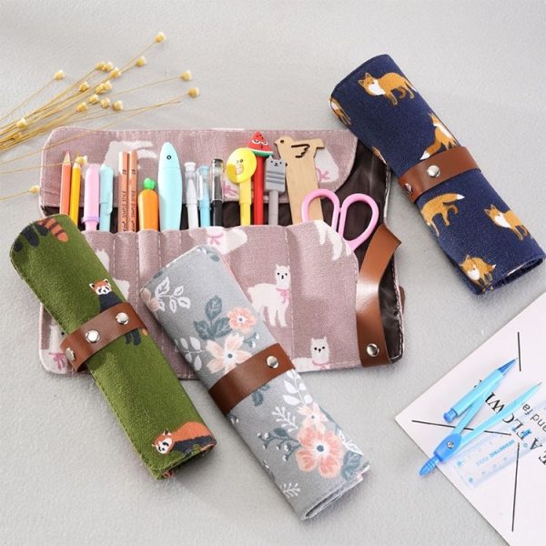 Cute Canvas Flower Animals Roll Pencil Bag Stationery Storage Organizer Bag School Office Supply (Gray Flowers) - Image 8
