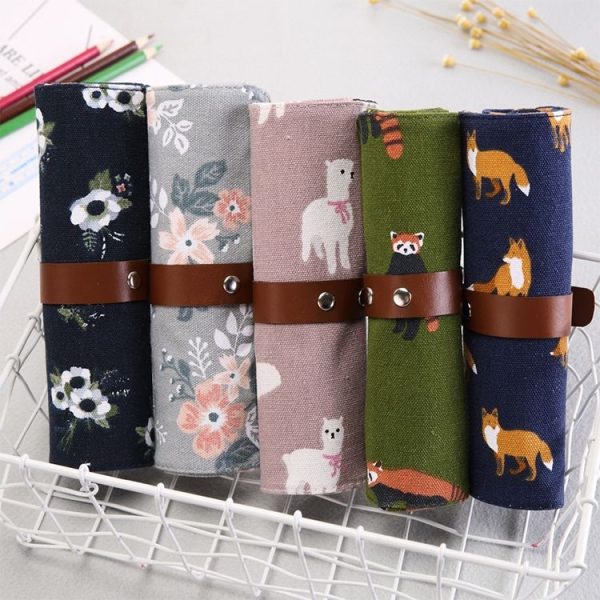 Cute Canvas Flower Animals Roll Pencil Bag Stationery Storage Organizer Bag School Office Supply (Gray Flowers) - Image 9