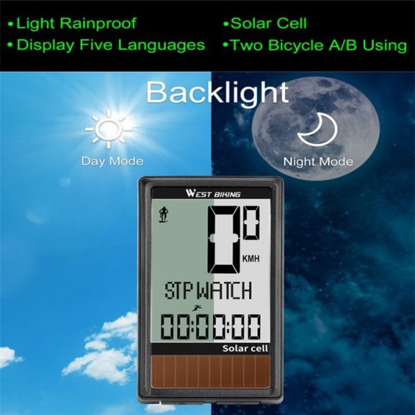 WEST BIKING Wireless Solar Code Table Mountain Road Bike Large Character Code Table Five Language Waterproof Speedometer - Image 6