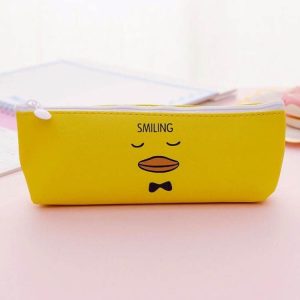 Cute Animal Expression Pencil Case Office Stationery School Supplies Big Capacity PU Material Pencil Bag (Yellow)