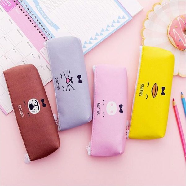 Cute Animal Expression Pencil Case Office Stationery School Supplies Big Capacity PU Material Pencil Bag (Yellow) - Image 2