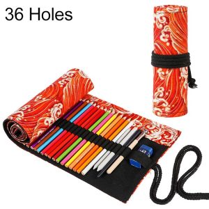 Golden Red Sea Wave Printing Roller Pencil Case Large Capacity Pencilcase Canvas Big Pen Bag (36 Holes)