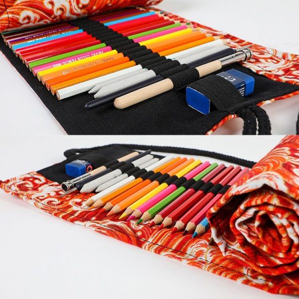 Golden Red Sea Wave Printing Roller Pencil Case Large Capacity Pencilcase Canvas Big Pen Bag (36 Holes) - Image 5