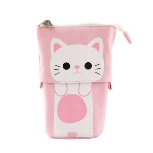 Cartoon Multifunction Cute Cat Foldable School Tool Canvas Fabric Pencil Pouch with Zipper (White Cat)