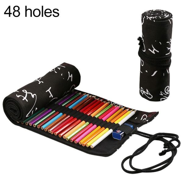Calligraphy Cute Canvas Roll School Pencil Case Pencilcase Student Pen Bag Stationery Pouch Supplies (48 Holes)