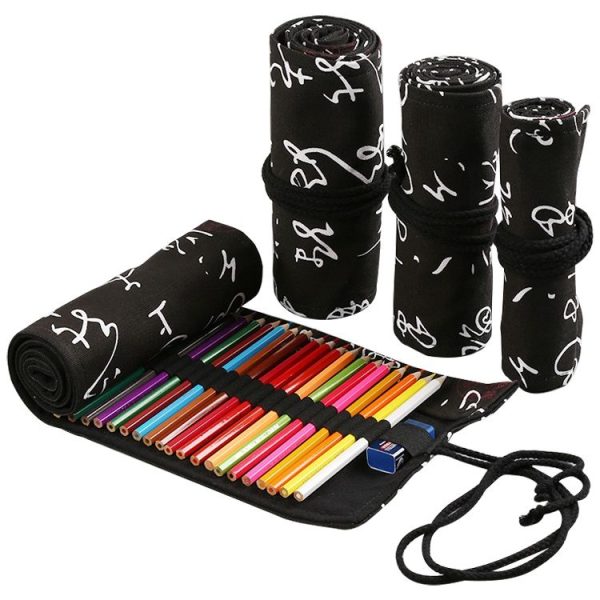 Calligraphy Cute Canvas Roll School Pencil Case Pencilcase Student Pen Bag Stationery Pouch Supplies (48 Holes) - Image 5