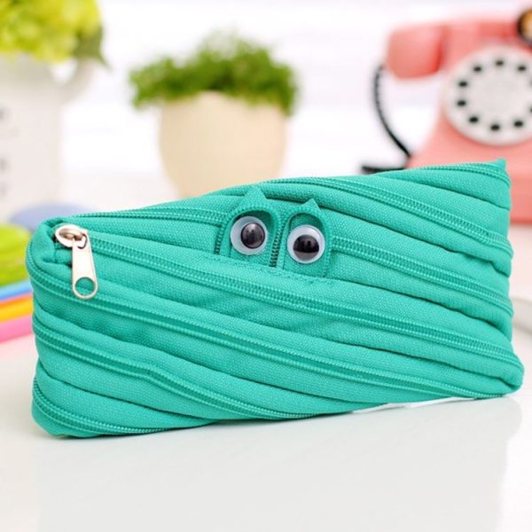 Cute Candy Colors Zipper Monsters Pencil Bag Student School Stationery Case Storage Box (Green)