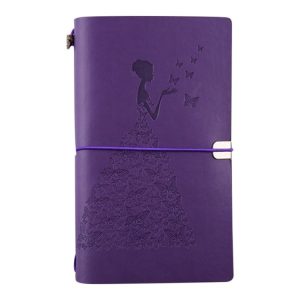 BSD020 Pretty Butterfly Lady Vintage Travelers Notebook Diary Notepad PU Leather Literature Journal Planners School Stationery (Purple-metal button)