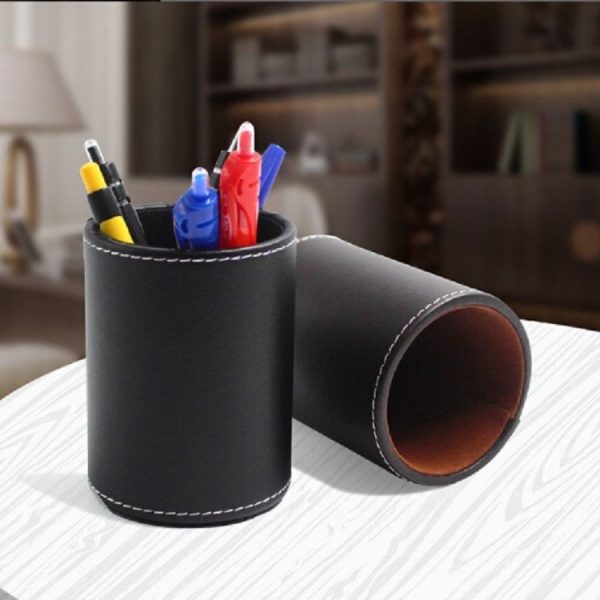 Faux Leather Leather Penholder Desk Supplies Organizer (Black) - Image 3