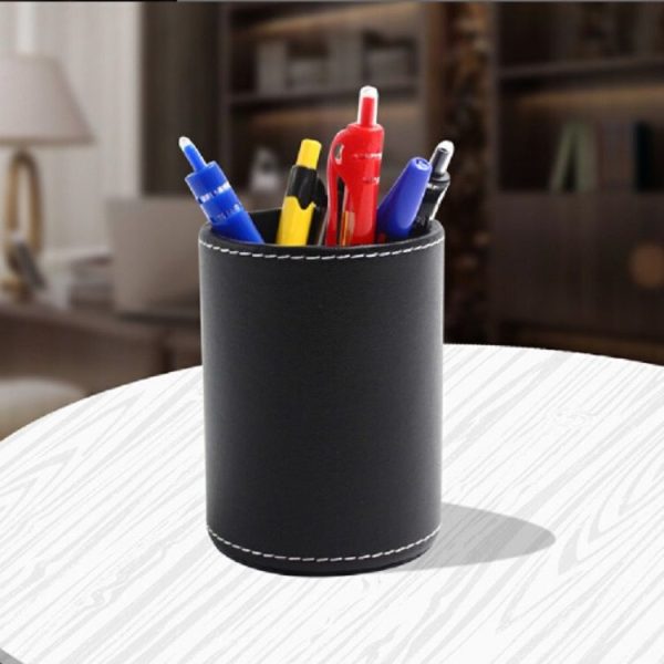 Faux Leather Leather Penholder Desk Supplies Organizer (Black) - Image 4