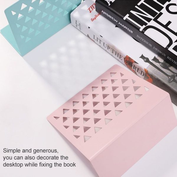 Metal Triangular Hollow Desktop Organizer Bookends Support Stand Holder Shelf Bookrack Home Office Supplies (Green) - Image 4
