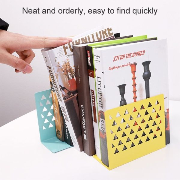 Metal Triangular Hollow Desktop Organizer Bookends Support Stand Holder Shelf Bookrack Home Office Supplies (Green) - Image 5