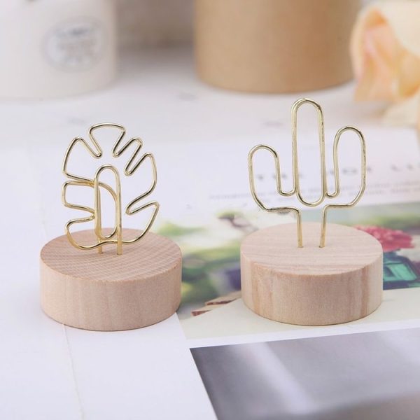 Photo Clip Card Note Clamp Round Wooden Base Iron Note Storage Holder, Type: Leaves - Image 3