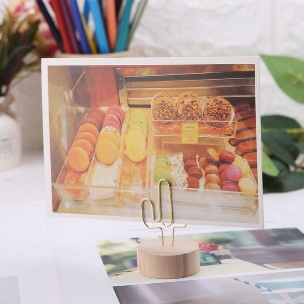 Photo Clip Card Note Clamp Round Wooden Base Iron Note Storage Holder, Type: Leaves - Image 5