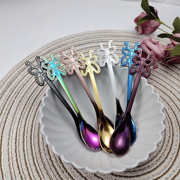Multicolor Stainless Steel Butterfly Coffee Spoon Fruit Cold Drink Ice Cream Dessert Tea Spoon, Color: Gold - Image 7