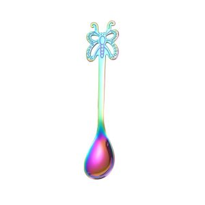 Multicolor Stainless Steel Butterfly Coffee Spoon Fruit Cold Drink Ice Cream Dessert Tea Spoon, Color: Rainbow