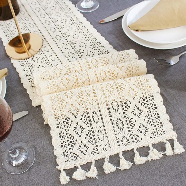 Tassel Lace Floral Romance Retro Crochet Hollow Cotton Blend Table Runner Covers, Size: 24x180cm (York Weave) - Image 5