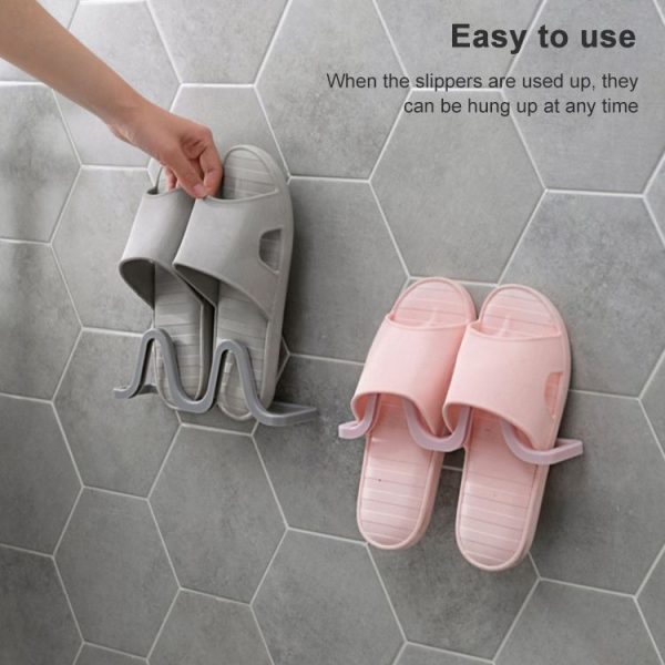 Bathroom Bedroom Seamless Sticker Wall Hanging Slippers Storage Rack Shelf Organizer (Grey) - Image 4