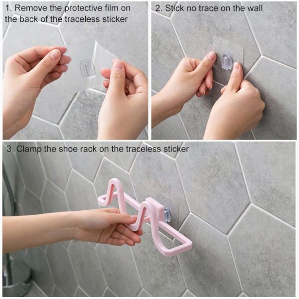 Bathroom Bedroom Seamless Sticker Wall Hanging Slippers Storage Rack Shelf Organizer (Grey) - Image 5