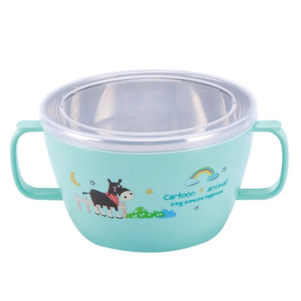 Children stainless steel anti-drop insulation bowl (Green)