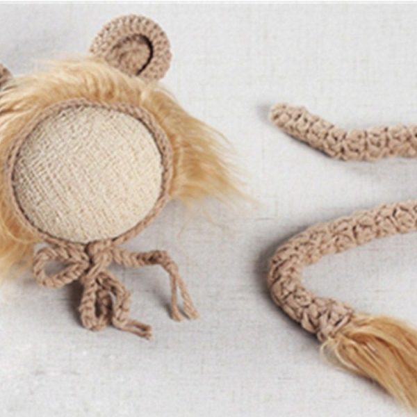 Newborn Photography Little Lion Wool Cartoon Hat and Tail Props For 0-2 Month (Hat + Tail) - Image 3