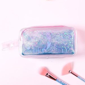 Cute PVC Pig Pattern Pencil Case Colorful Transparent Quicksand Girl Pen Bag Creative Stationery School Supplies (Dark Blue Mermaid)