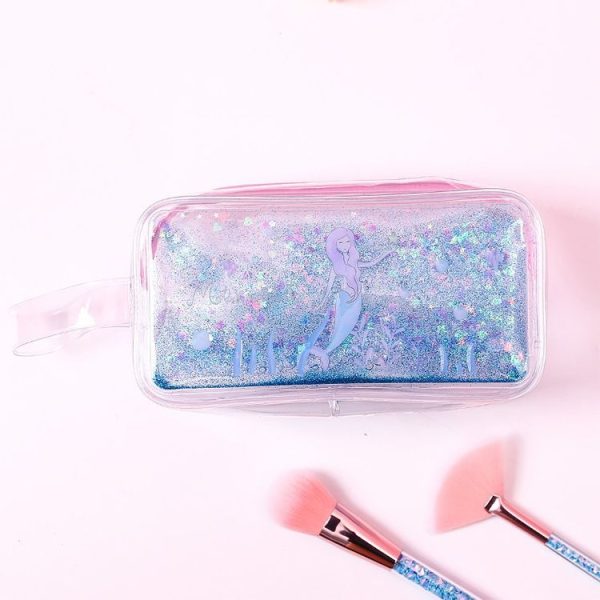 Cute PVC Pig Pattern Pencil Case Colorful Transparent Quicksand Girl Pen Bag Creative Stationery School Supplies (Dark Blue Mermaid)