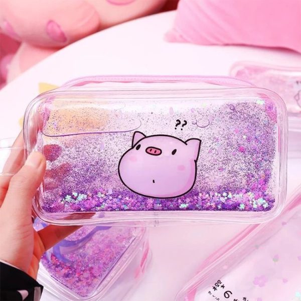 Cute PVC Pig Pattern Pencil Case Colorful Transparent Quicksand Girl Pen Bag Creative Stationery School Supplies (Dark Blue Mermaid) - Image 5