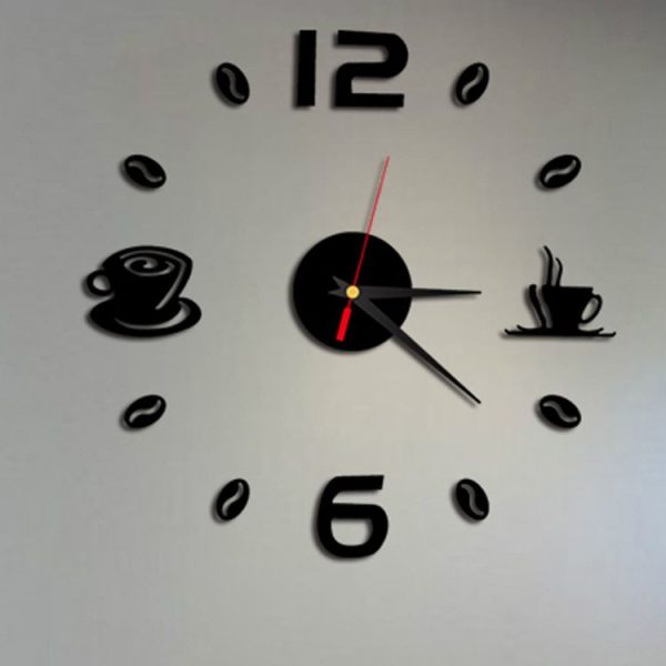 ISHOWTIENDA Fashion Acrylic DIY Coffee Cup Self Adhesive Interior Wall Creative Decoration Clock Mute Clock Stickers Muraux Wall Clock (Black)