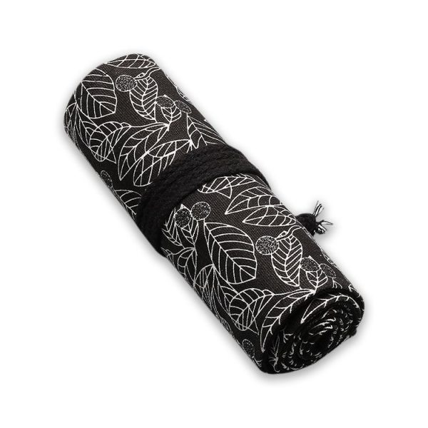 Cute Leaf Portable Canvas School Pencil Case Pen Bag Stationery Pouch (Black leaf 12 holes) - Image 2