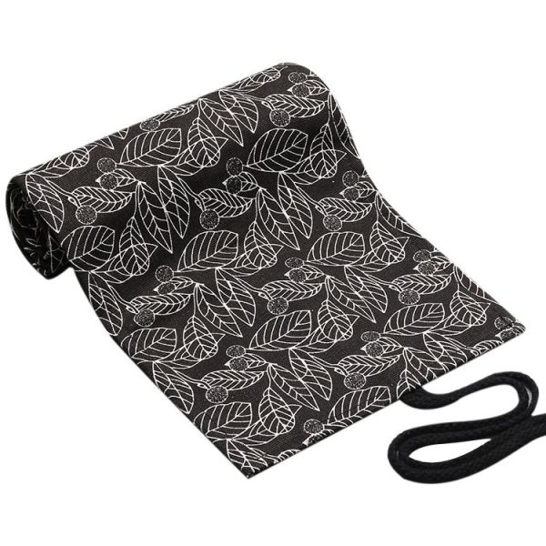 Cute Leaf Portable Canvas School Pencil Case Pen Bag Stationery Pouch (Black leaf 12 holes) - Image 3