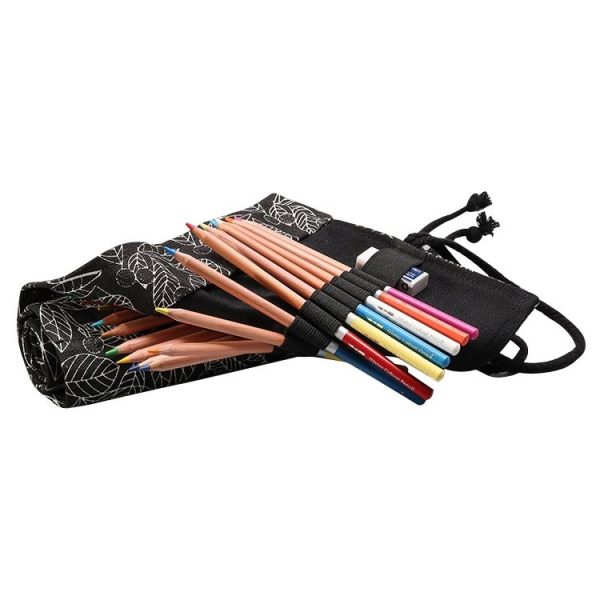Cute Leaf Portable Canvas School Pencil Case Pen Bag Stationery Pouch (Black leaf 12 holes) - Image 4