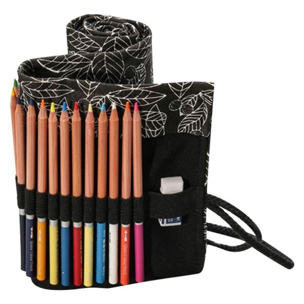 Cute Leaf Portable Canvas School Pencil Case Pen Bag Stationery Pouch (Black leaf 12 holes) - Image 5