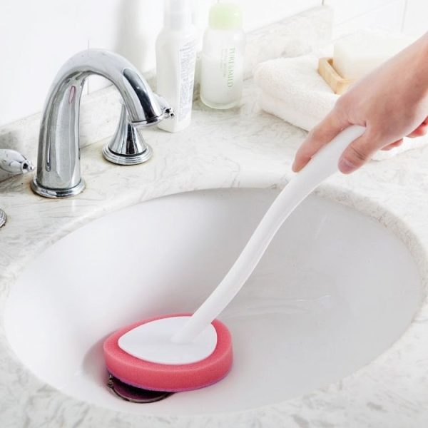 Bathroom Long Handle Cleaning Sponge Brush Bathtub Tile Wall Decontamination Sponge Bathroom Bath Brush (Pink)