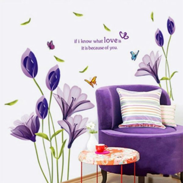 Home Decor DIY Purple Lily Flower Posters Living Room Decorative Wall Stickers Removable Waterproof Stickers, Size: M