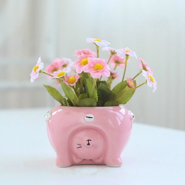 Ceramic Super Cute Small Animal Pot Artificial Flower Fake Flower Pot Decoration (Kitten) - Image 2