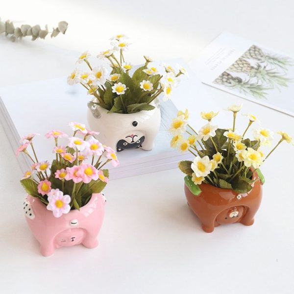 Ceramic Super Cute Small Animal Pot Artificial Flower Fake Flower Pot Decoration (Kitten) - Image 3