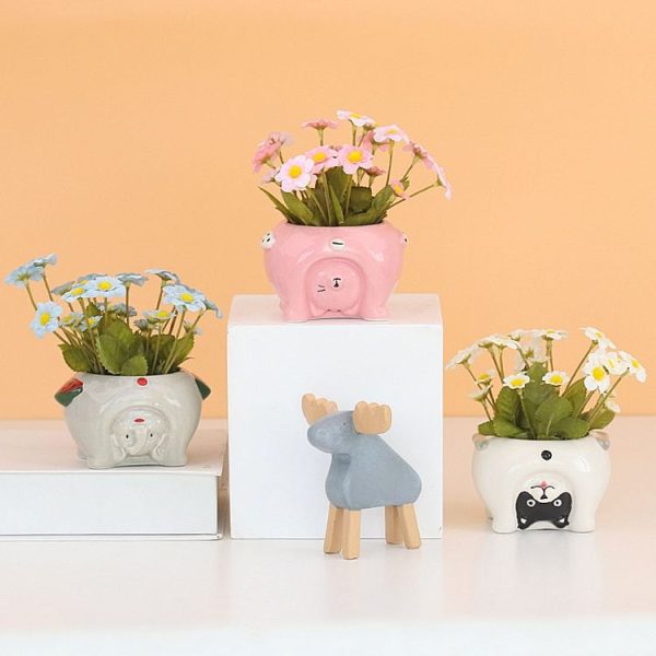 Ceramic Super Cute Small Animal Pot Artificial Flower Fake Flower Pot Decoration (Kitten) - Image 4