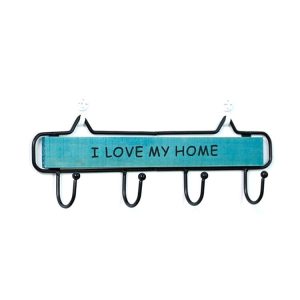 Creative Solid Wood Wrought Iron Hook Pastoral Vintage Door Coat Key Small Hanging Rack, Colour: Four Hook Blue