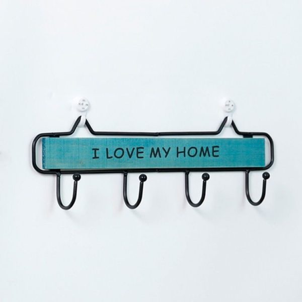 Creative Solid Wood Wrought Iron Hook Pastoral Vintage Door Coat Key Small Hanging Rack, Colour: Four Hook Blue - Image 2