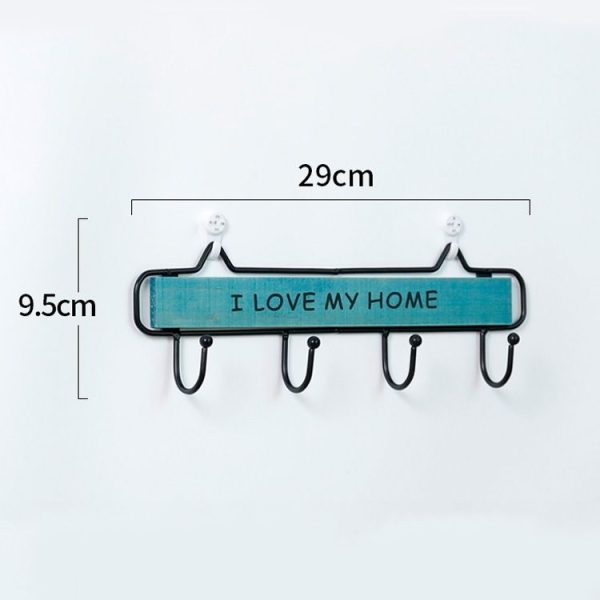 Creative Solid Wood Wrought Iron Hook Pastoral Vintage Door Coat Key Small Hanging Rack, Colour: Four Hook Blue - Image 3