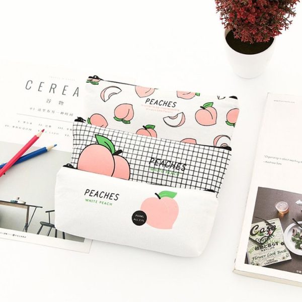 Canvas Fruit Peach Pencil Cases For Girl Stationery School Supplies Students Gifts (Lattice) - Image 3
