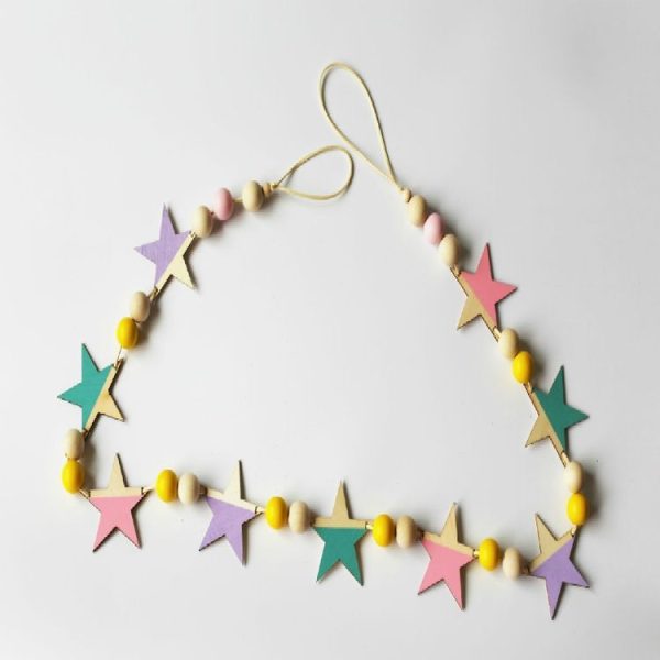 Wooden Stars Banner Curtains Children Room Children Clothing Store Wall Decoration (Purple Green Powder)